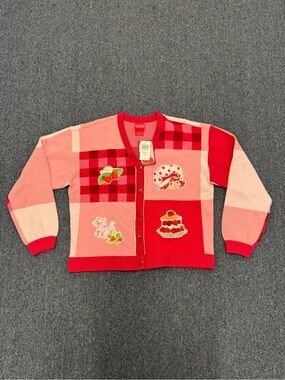 Strawberry Shortcake Pink and Red Patchwork Cardigan with Cute Appliqués